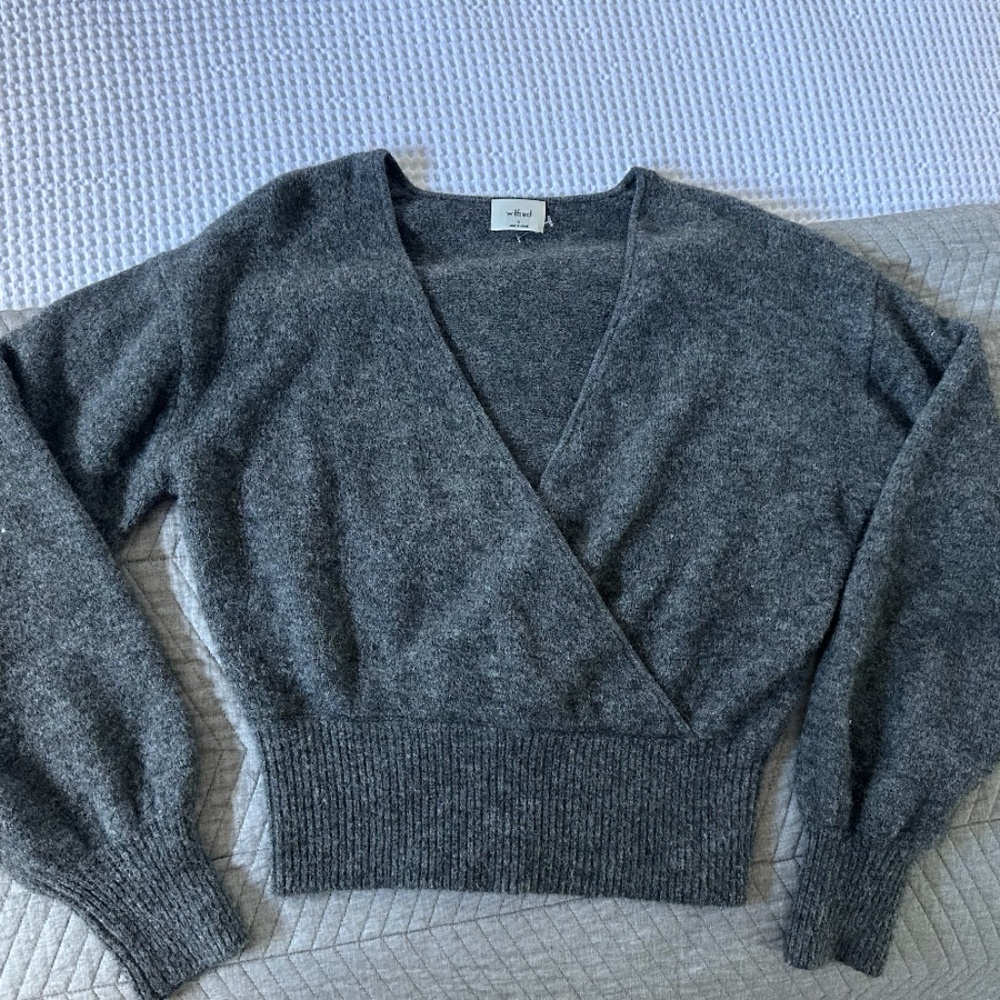 Wilfred Grey Cropped Wrap V-Neck Sweater